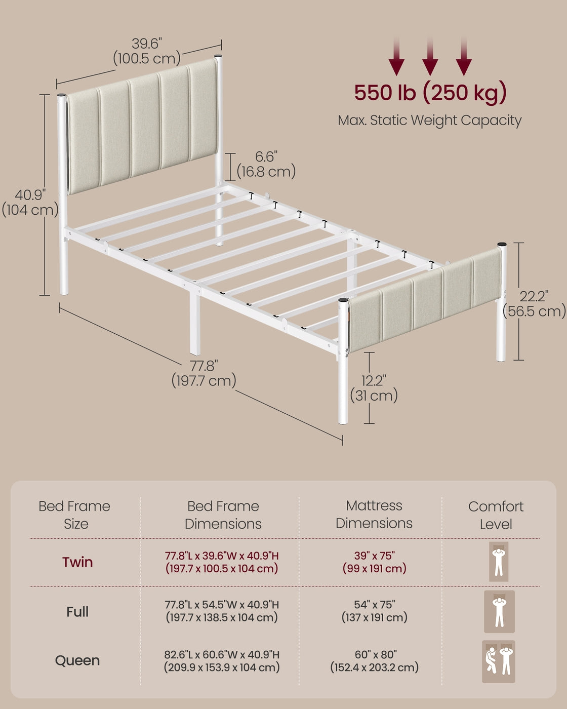 VASAGLE Twin Bed Frame with Upholstered Headboard – Cappuccino Beige