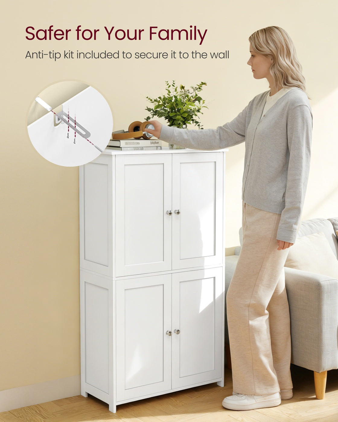 VASAGLE Floor Storage Cabinet with Adjustable Shelves and Doors – Cloud White