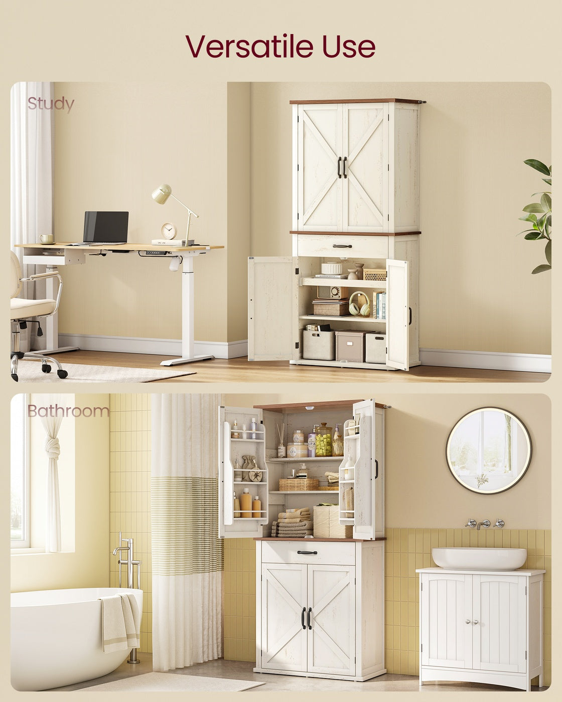 VASAGLE Liry Pantry Cabinet with Barn Doors – Rustic White