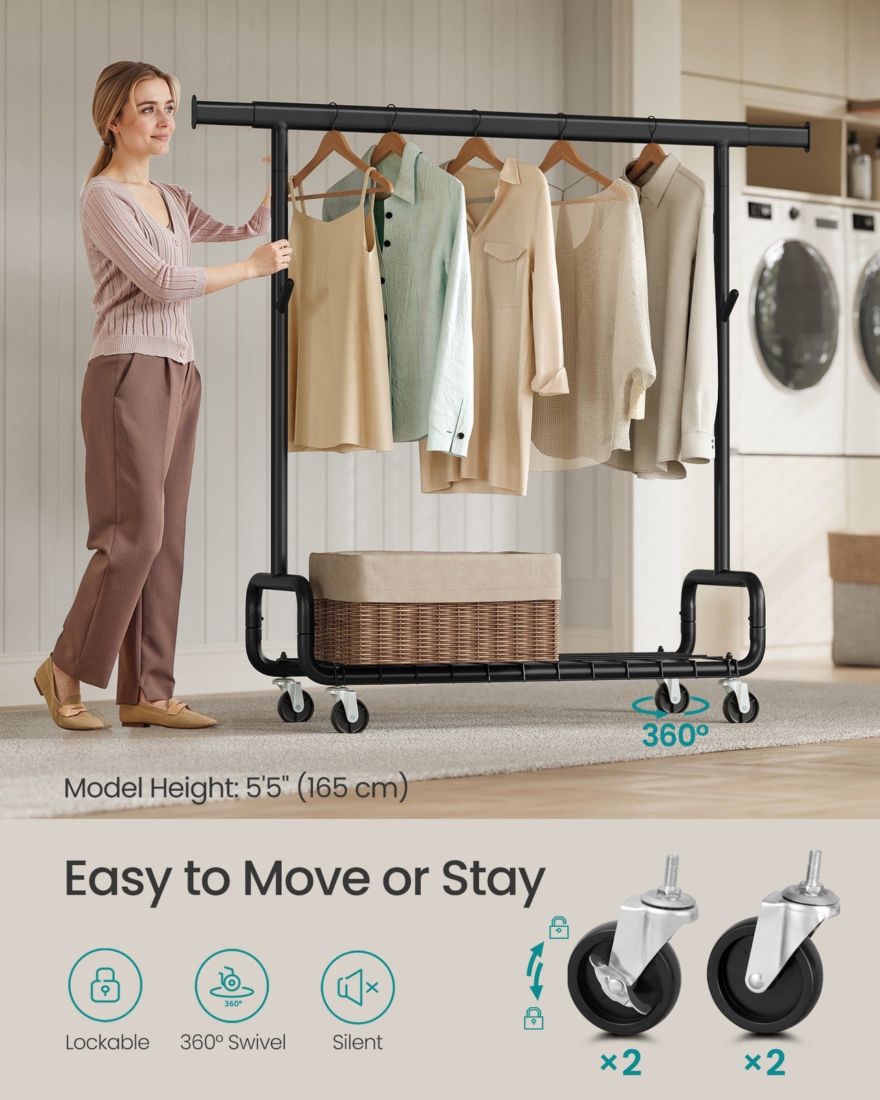 SONGMICS Clothes Rack, Heavy-Duty Rolling Clothing Garment Rack, Ink Black