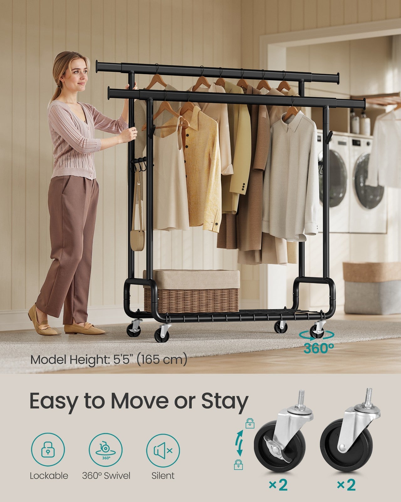 SONGMICS Clothes Rack, Heavy-Duty Rolling with Wheels, Ink Black