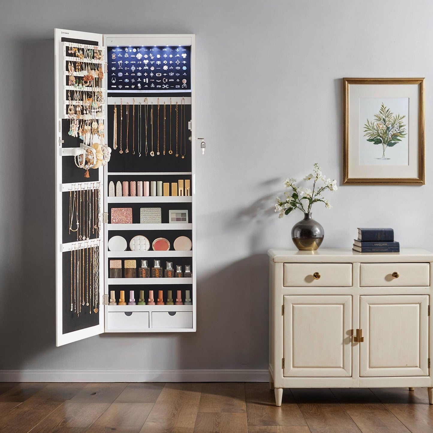 SONGMICS Lockable Mirror Jewelry Armoire with Lights for Wall or Door – White