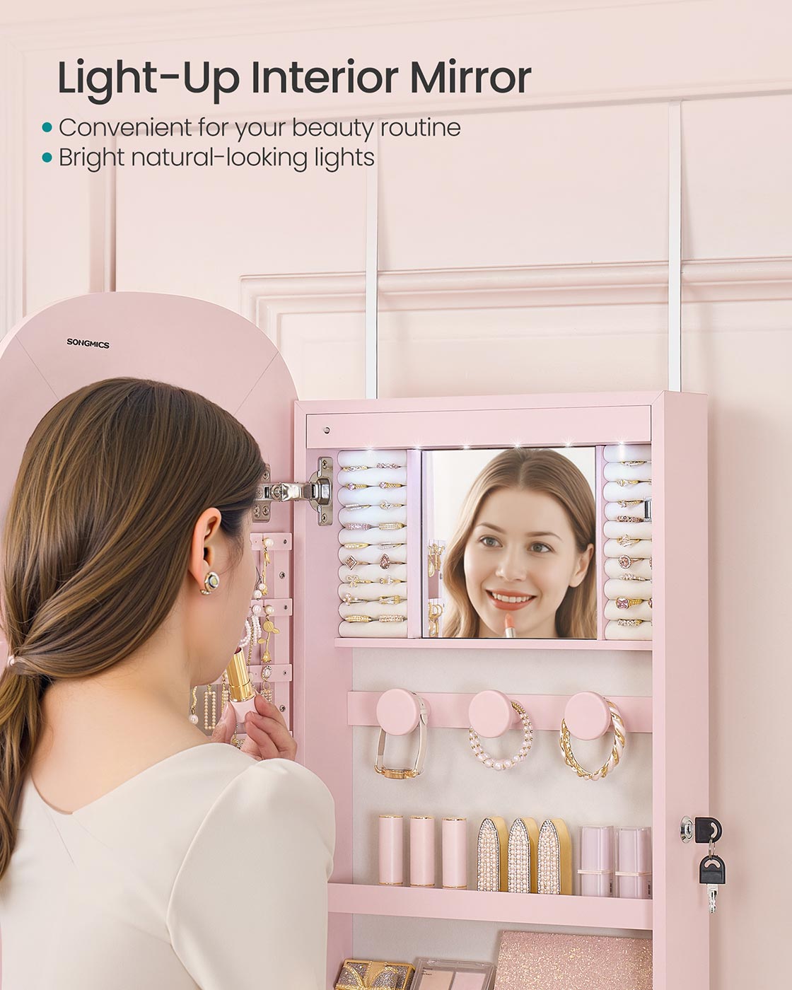 SONGMICS LED Jewelry Cabinet Wall/Door Mounted Jelly Pink Surface with Cream White Lining – Jelly Pink Surface, Cream White Lining