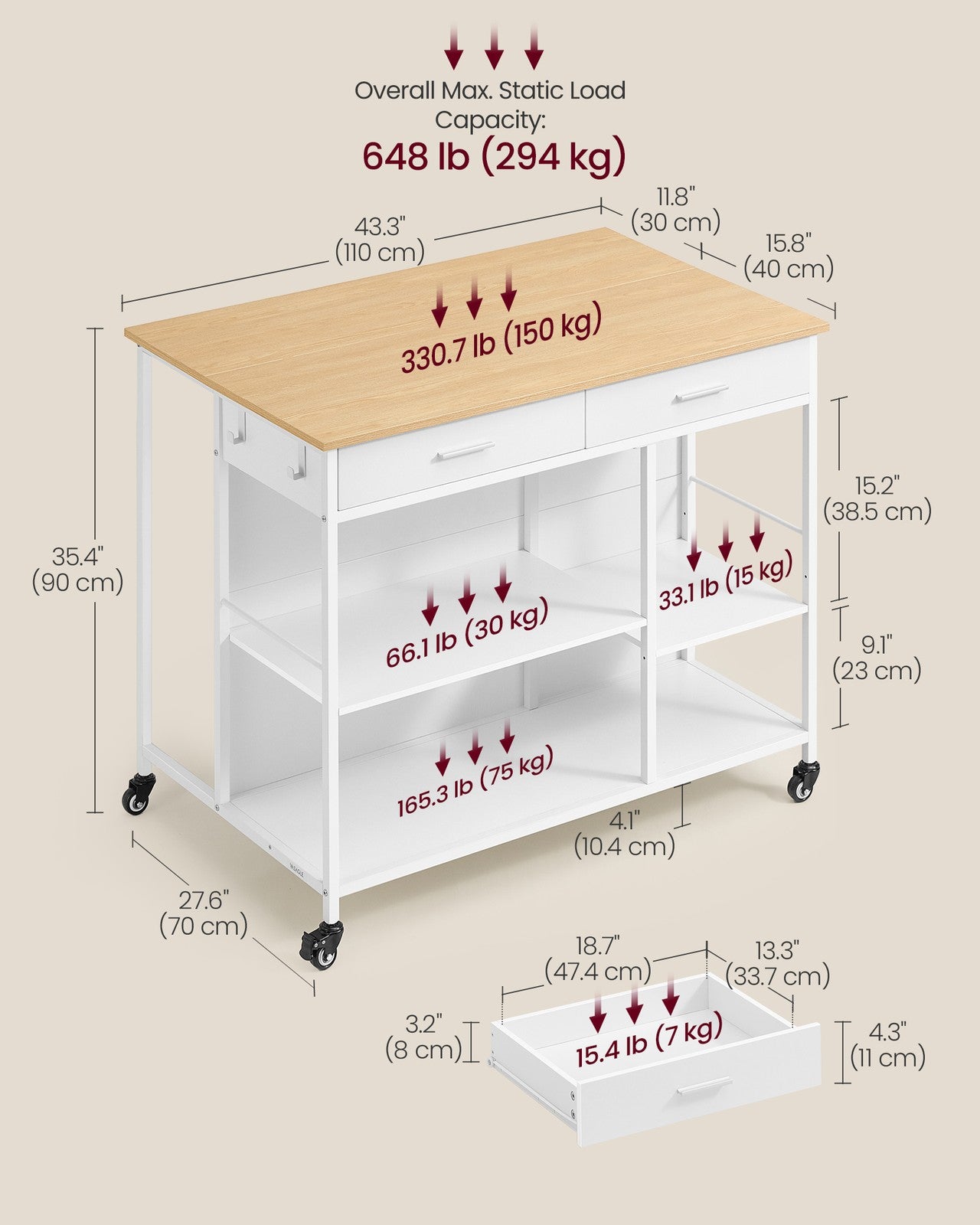 VASAGLE Kitchen Rolling Island, Mobile Kitchen Cart with Storage On Wheels – Oak Beige, Matte White – 27.6"D x 43.3"W x 35.4"H