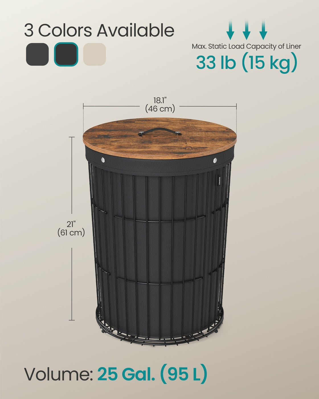 SONGMICS Round Laundry Hamper with Lid, 25 Gallons, Black – Ink Black