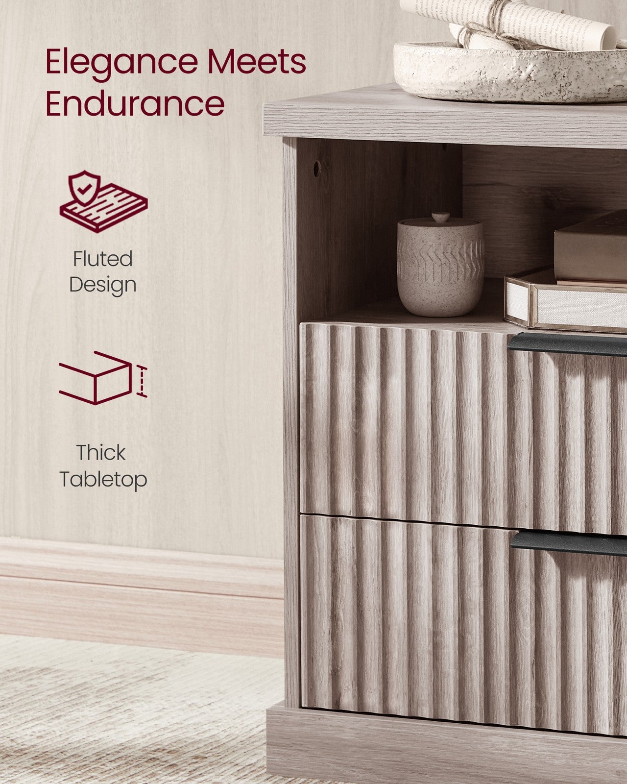 VASAGLE Maxe Nightstand with Charging Station – Washed Gray
