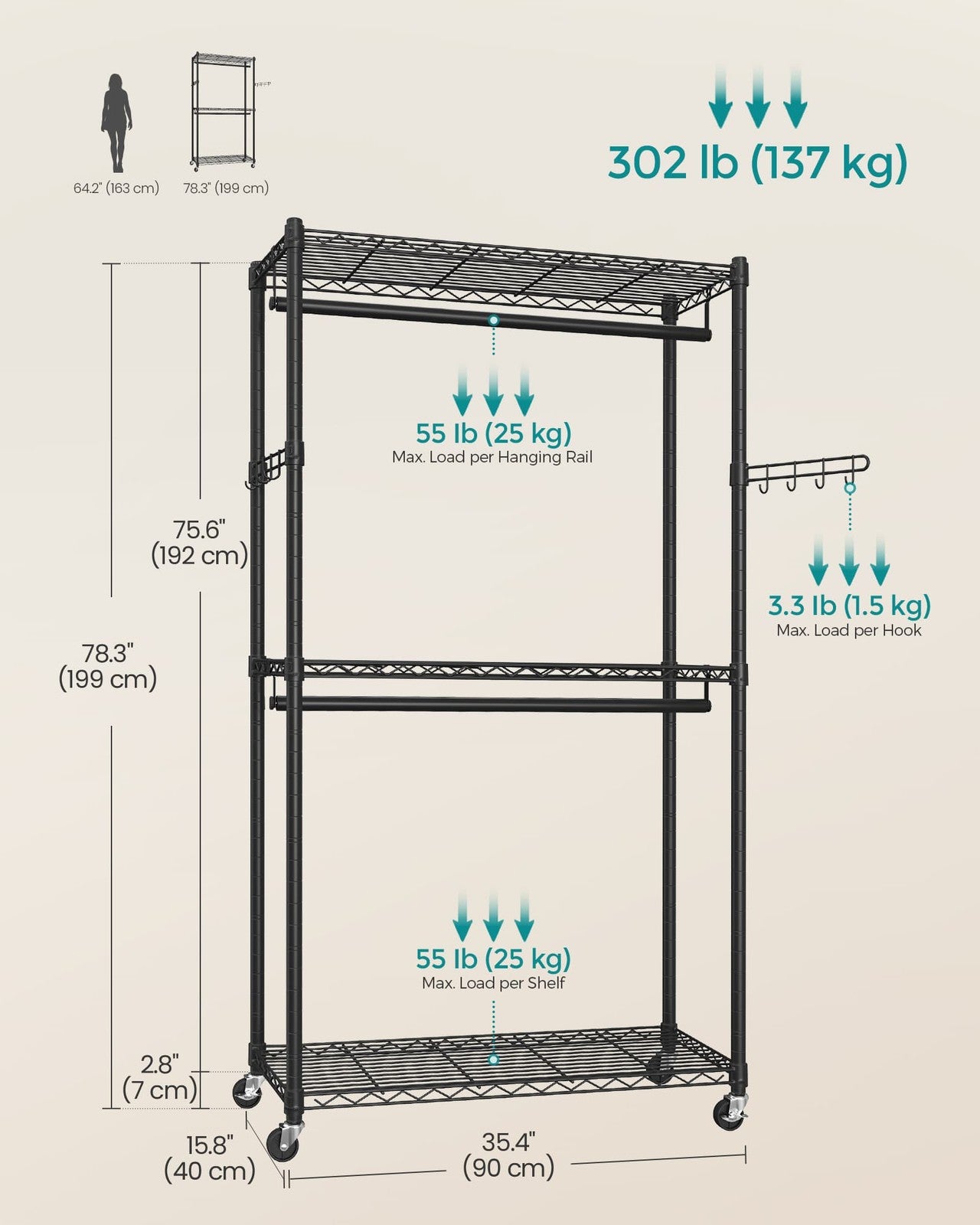 SONGMICS Heavy-Duty Rolling Clothes Rack – Ink Black – 35.4"L x 15.8"W x 78.3"H