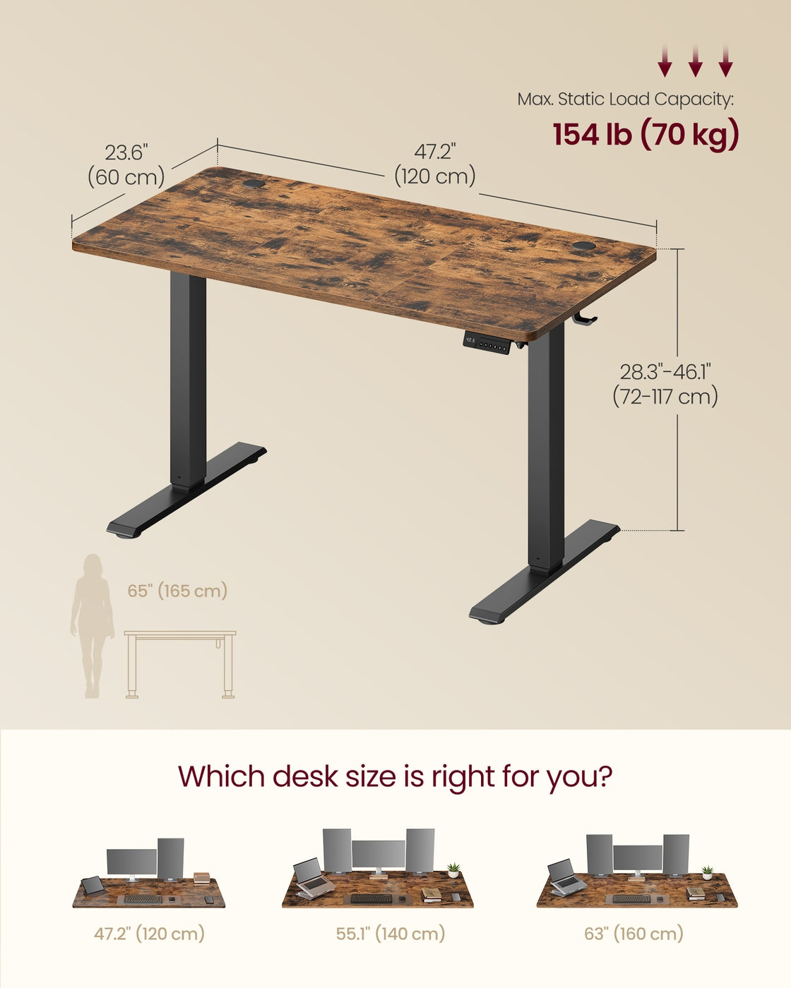 VASAGLE Electric Standing Desk 4 Memory Heights 47.2 X 23.6 Inches Rustic Brown