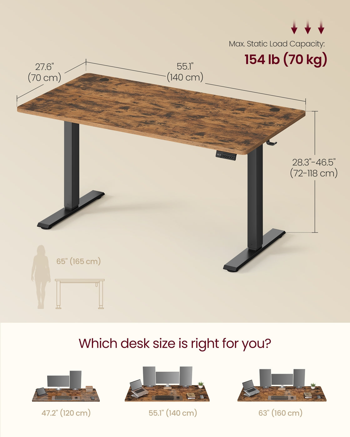 VASAGLE Electric Standing Desk with Memory Settings – Rustic Brown – 55.1"W x 23.6"D x