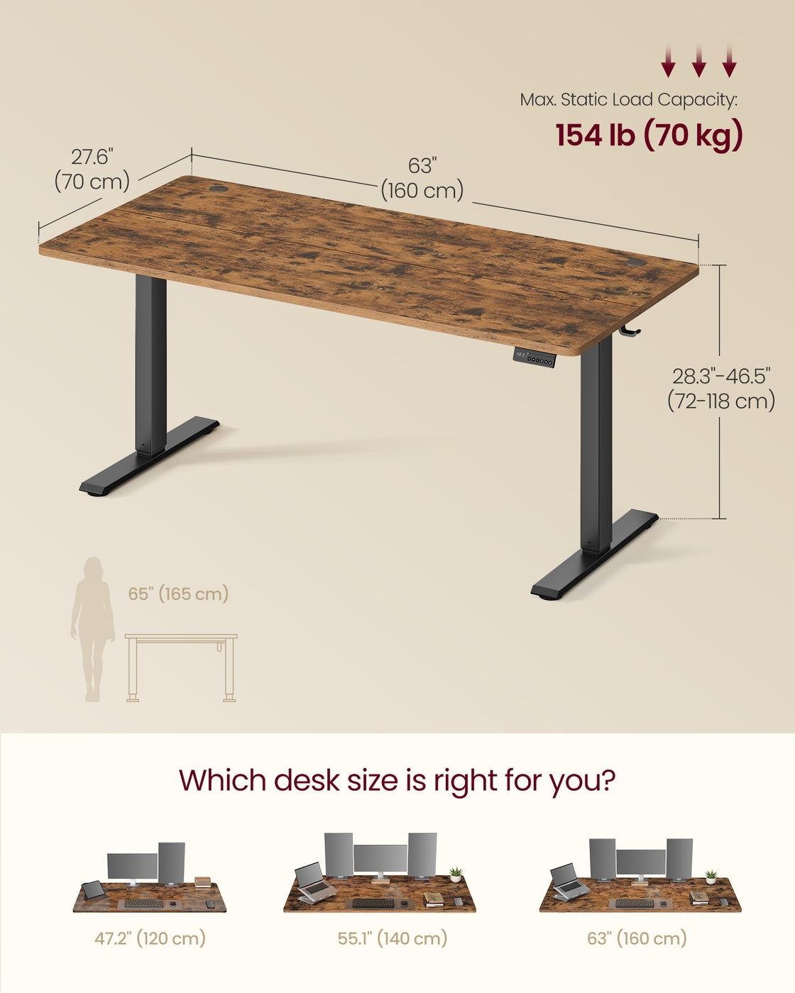 VASAGLE Electric Standing Desk with Memory Settings – Rustic Brown – 63"W x 27.6"D x
