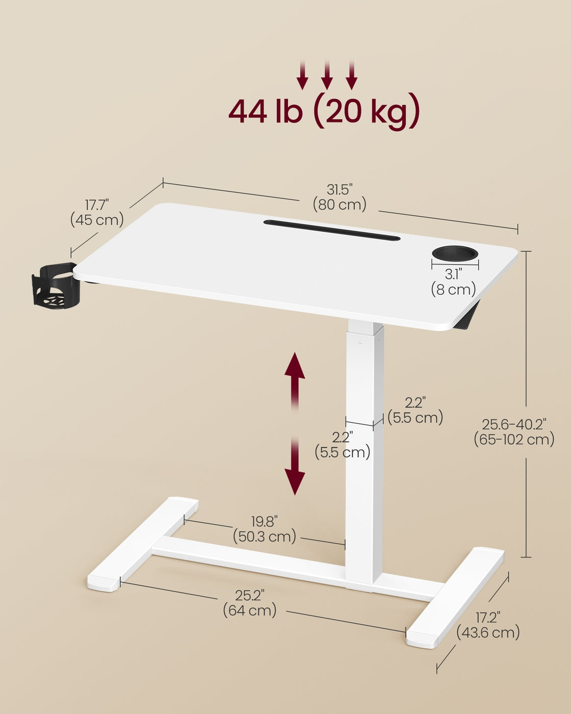VASAGLE Overbed Table with Wheels, Mobile Standing Computer Desk, 31.5 X 17.7 Inches Tabletop – Cloud White