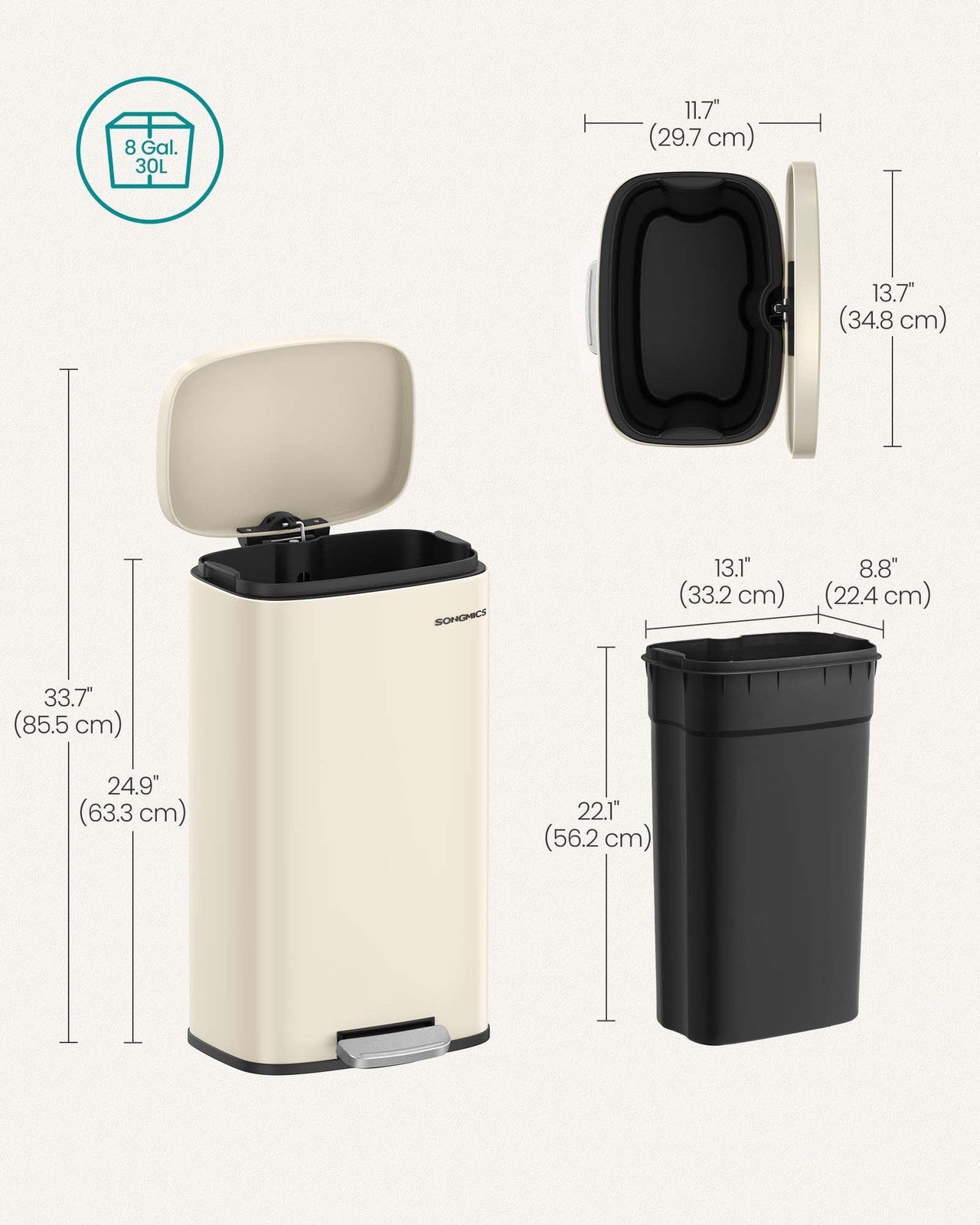 SONGMICS 8- Gallon Silver Step-Open Trash Can with Plastic Inner Bucket – Sand Beige