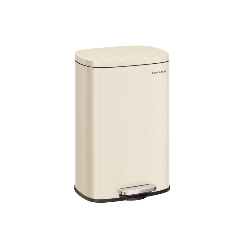 SONGMICS 13 Gallon White Step Trash Can with Hinged Lid – Sand Beige