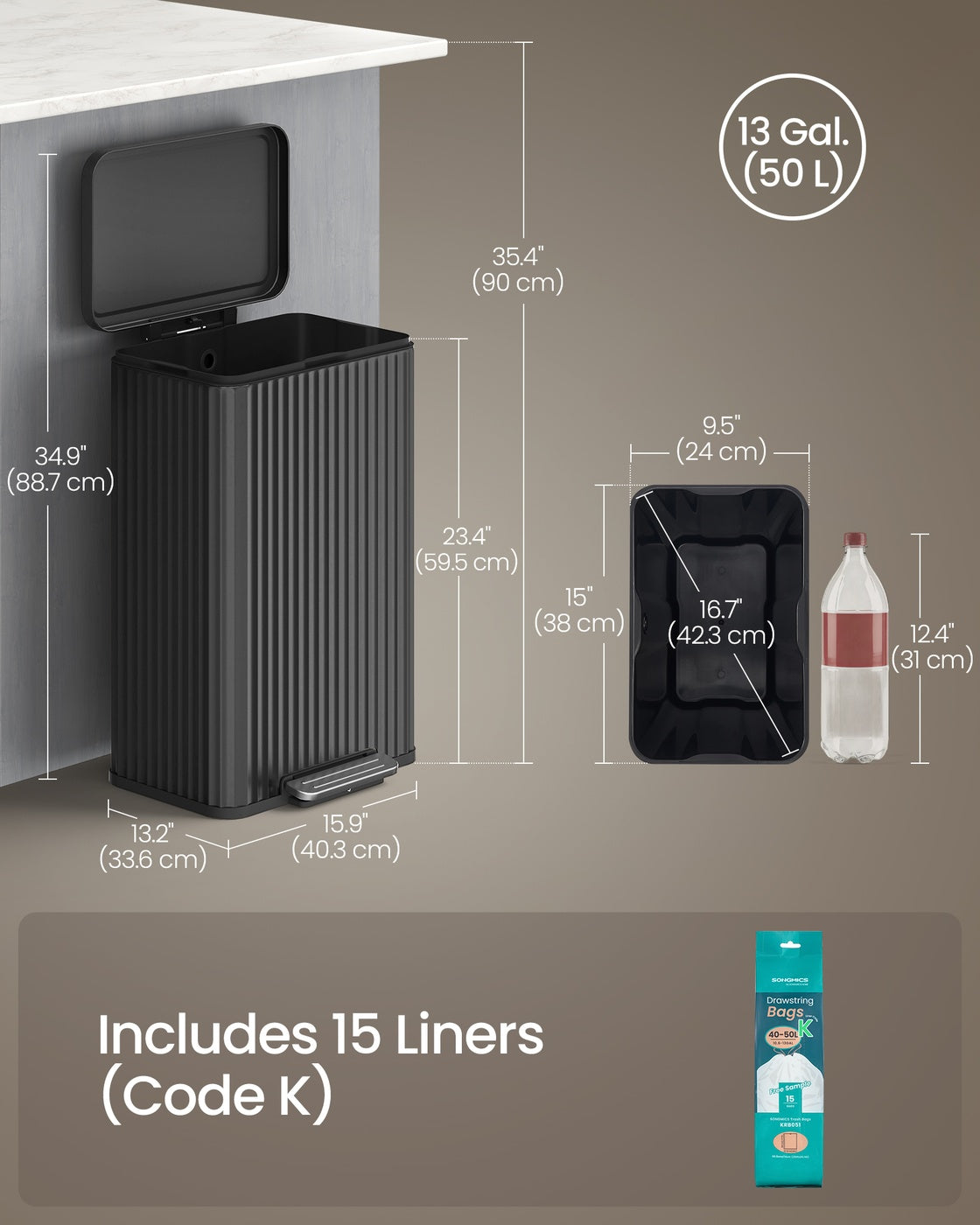 SONGMICS 50 L Stainless Steel Garbage Can with Lid and Removable Inner Bucket Ink Black
