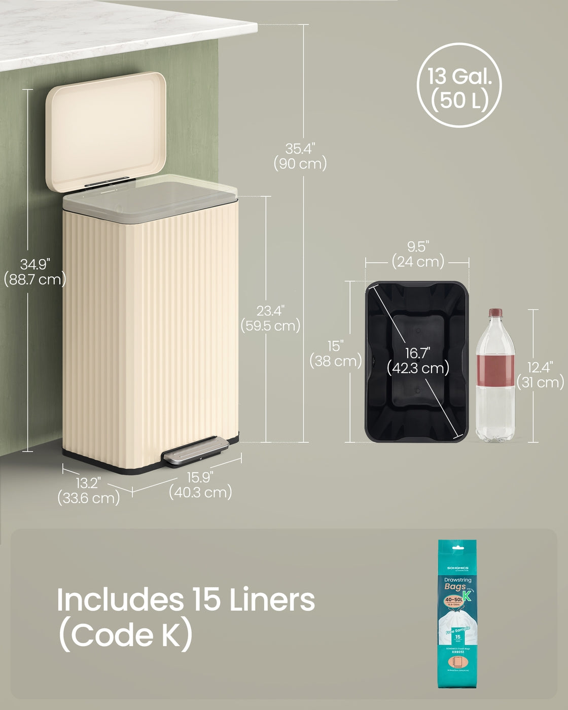 SONGMICS 50 L Stainless Steel Garbage Can with Lid and Removable Inner Bucket Cream White