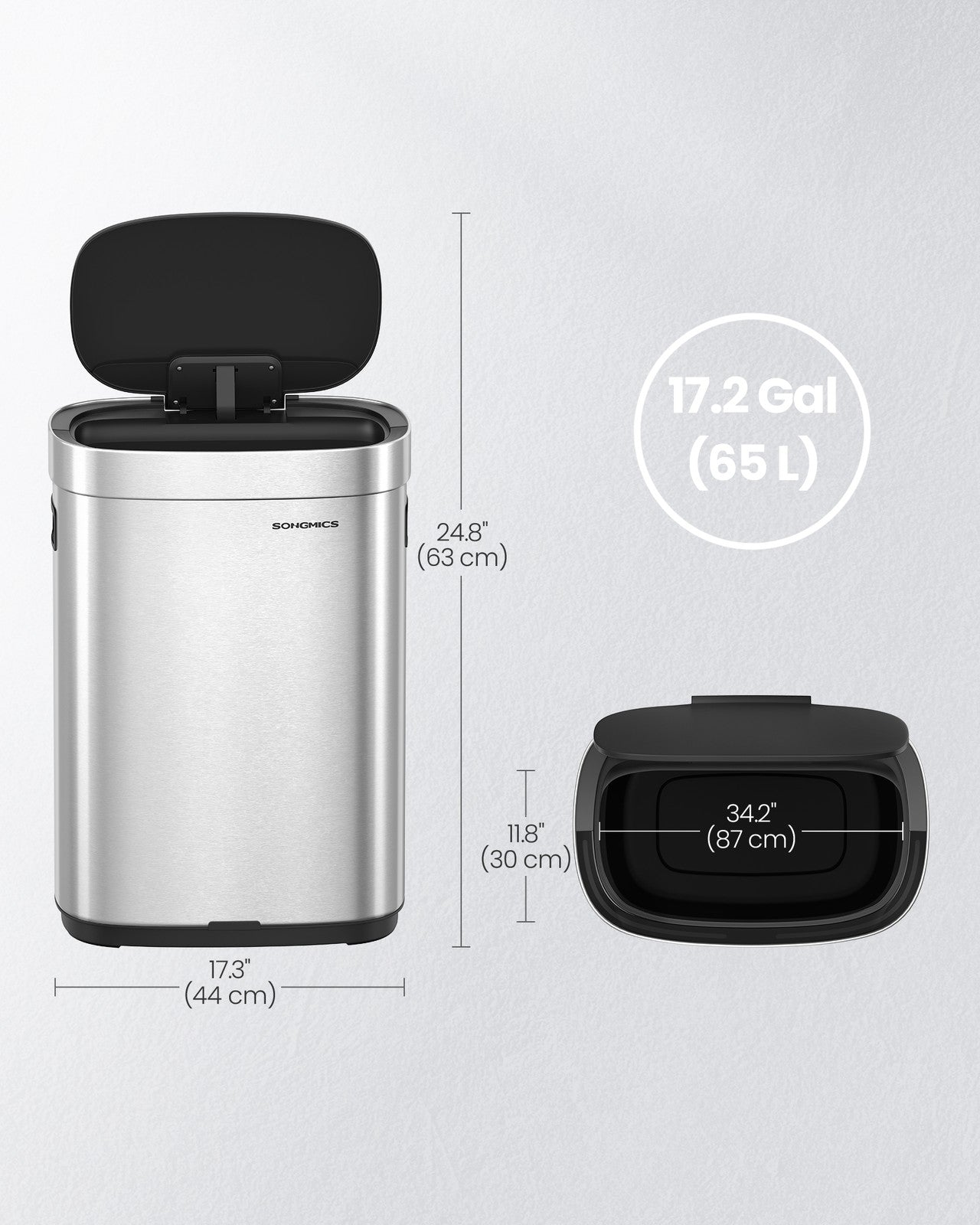SONGMICS Kitchen Trash Can, 17.2-Gallon (65 L) Motion Sensor Garbage Can, Stainless Steel Trash Bin – Metallic Silver