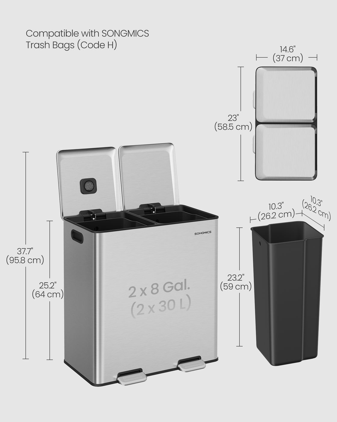 SONGMICS 2 X 30 L Double Garbage Can with Soft-Close Lids and Removable Inner Buckets Metallic Silver