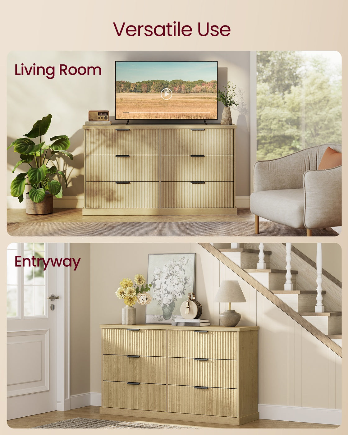 VASAGLE Maxe 6-Drawer Double Dresser – Oak Beige