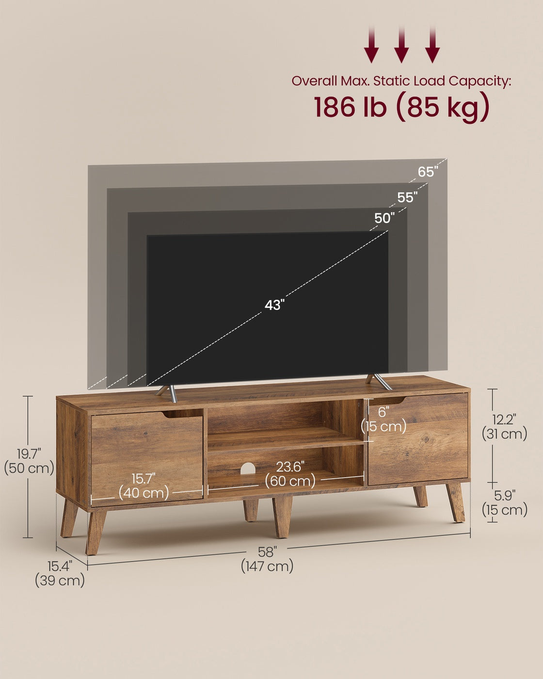 VASAGLE TV Stand for 65-Inch Tvs, Entertainment Center with Adjustable Shelf – Honey Brown