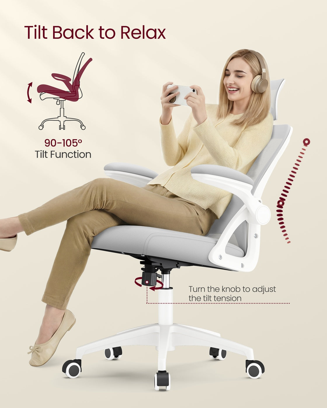 VASAGLE Office Chair, Ergonomic Mesh, Adjustable, Dove Gray