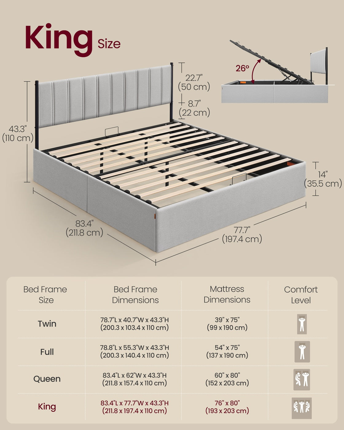 VASAGLE Lift Up Storage Bed Frame King Size – Dove Gray