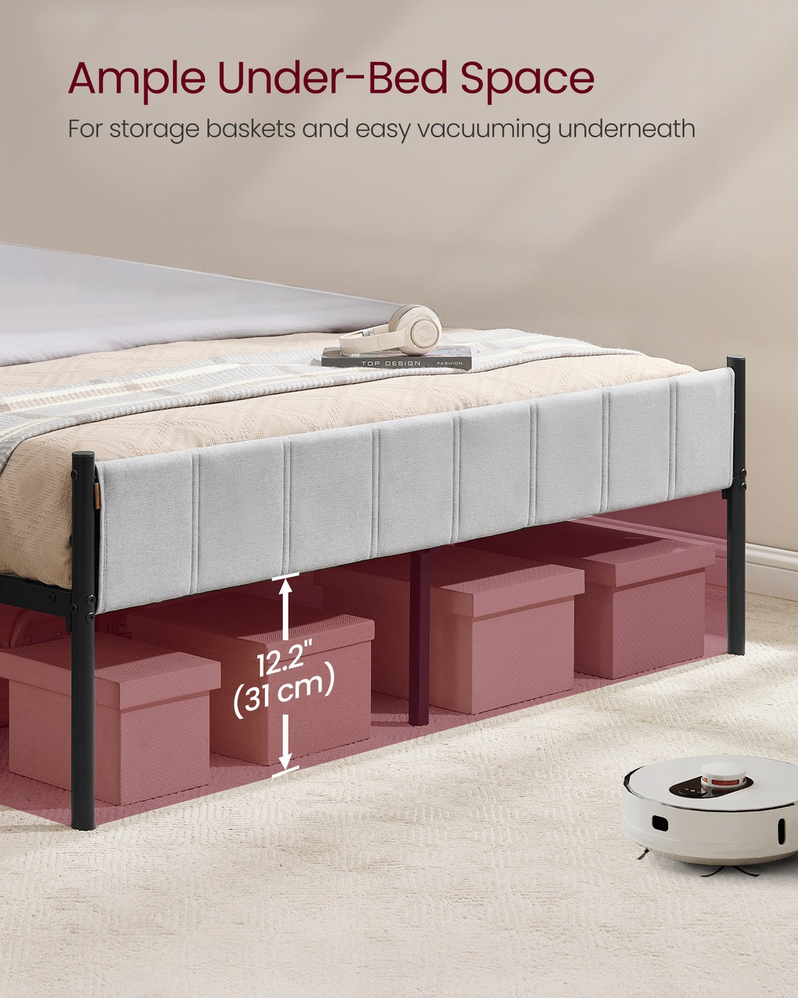 VASAGLE Queen Bed Frame, Dove Gray, Upholstered Headboard, Sturdy Steel, No Box Spring Needed