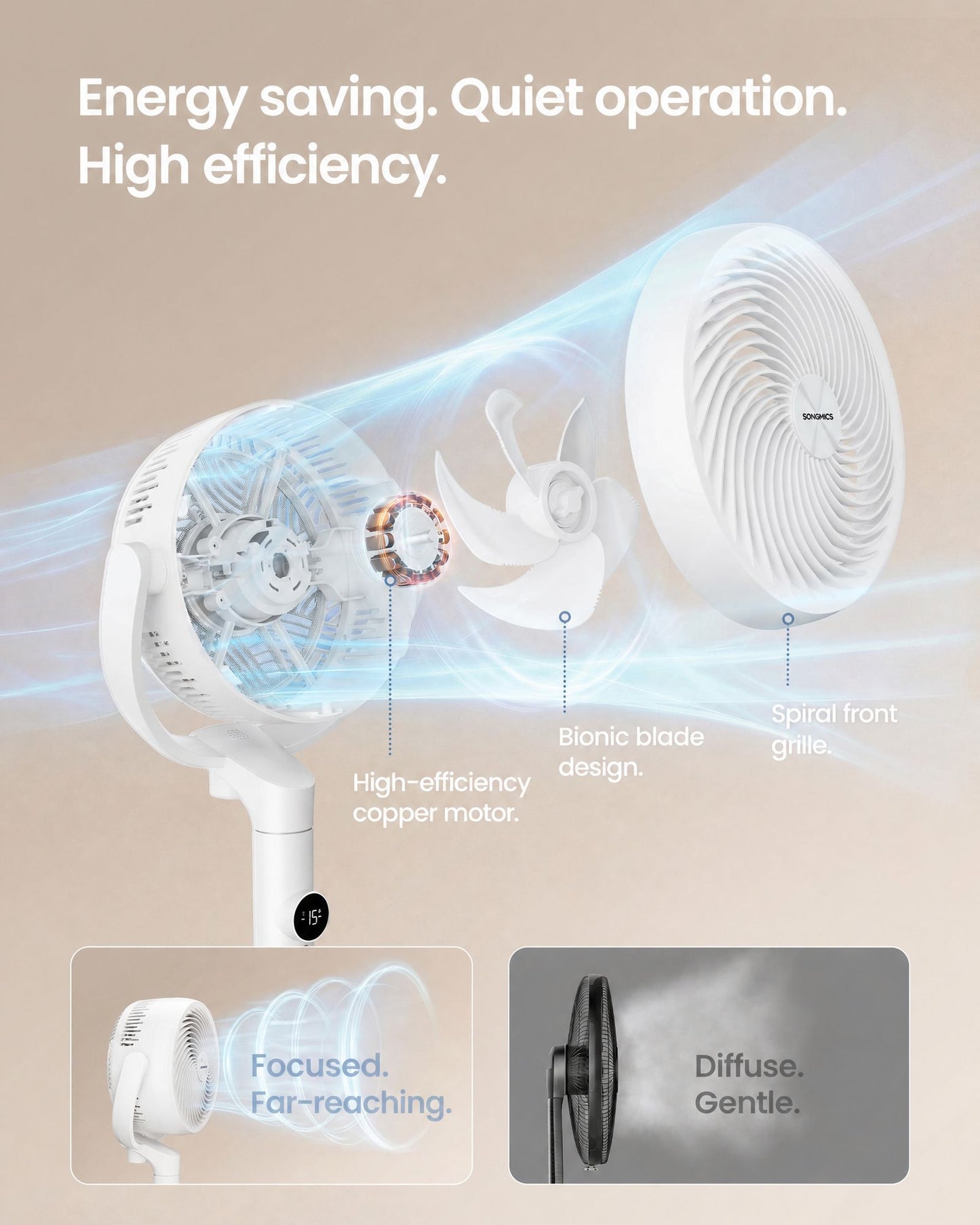 SONGMICS Standing Fan for Bedroom, 20 Db Quiet Pedestal Fan with Remote Cooling Air Circulator – Cloud White