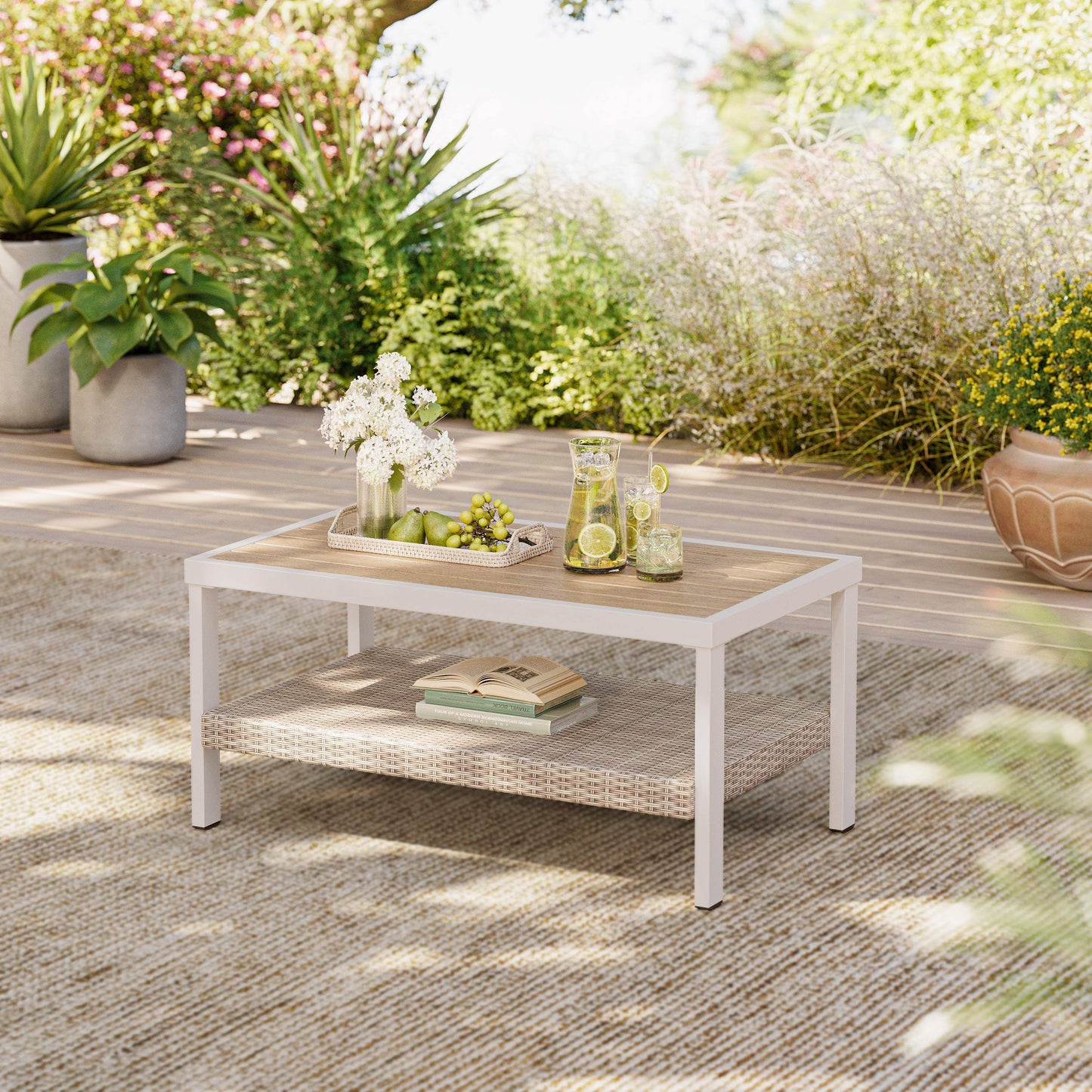 SONGMICS HOME Sencillo Outdoor Steel Coffee Table with Storage, Bone Color – Cloud White, Light Teak