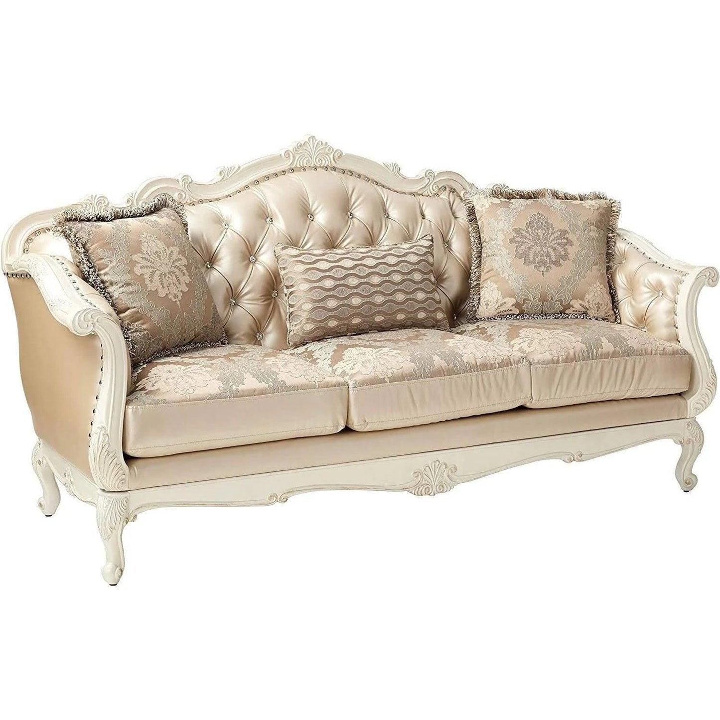 ACME Chantelle Sofa w/3 Pillows, Rose Gold PU/Fabric & Pearl White FredCo