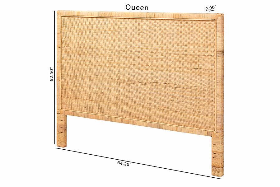 Adelyn Modern Bohemian Natural Brown Rattan and Mahogany Wood, Queen Size Headboard FredCo