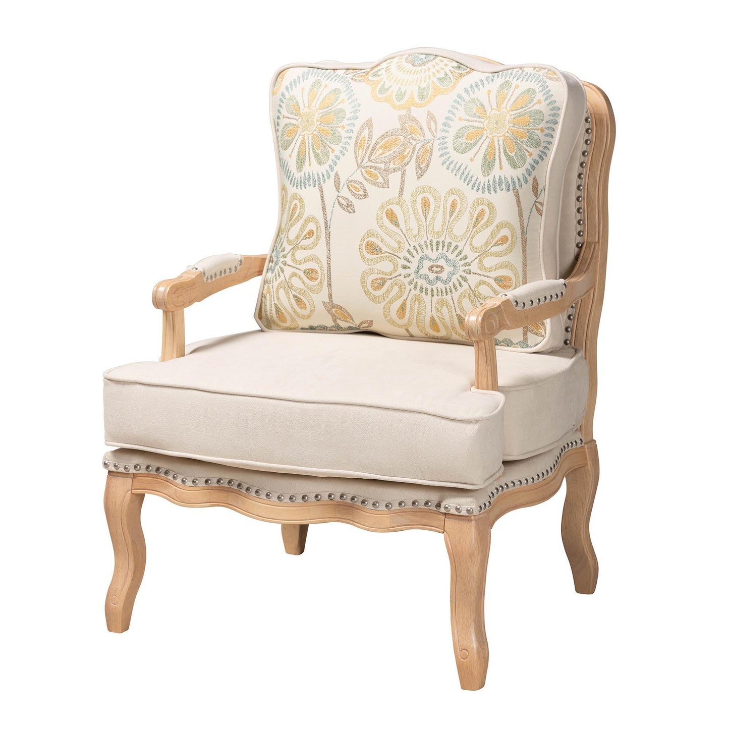 Andre Traditional French Quilted Fabric and Whitewash Finished Wood Accent Chair FredCo