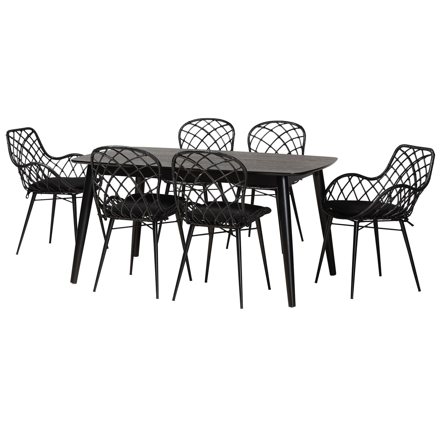 Aniceta Modern Bohemian Black Finished Wood and Rattan 7-Piece Dining Set FredCo