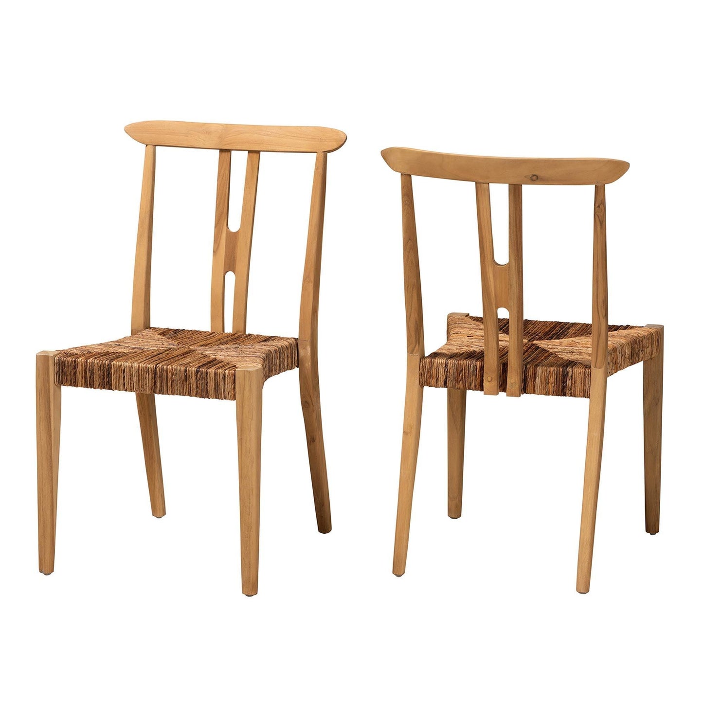 Artha Modern Bohemian Natural Brown Teak Wood and Seagrass 2-Piece Dining Chair Set FredCo