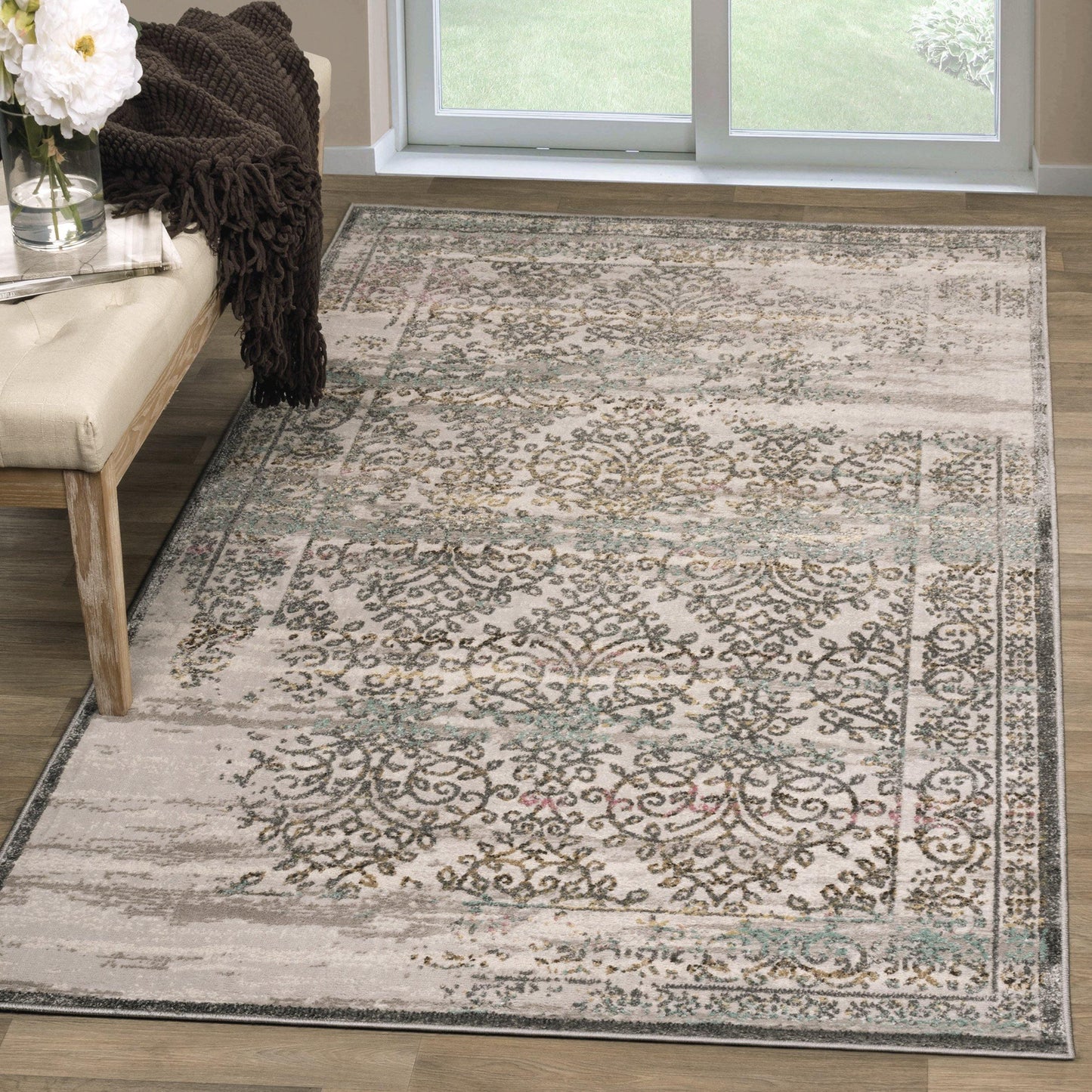Astrid Mid-Century Vintage Distressed Floral Damask Rug FredCo