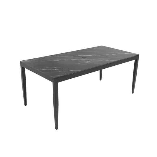 Outdoor Modern Patio 35.5'x71' Aluminum Dining Table, Black Marble-Inspired Sintered Stone Top, Ember Black Finish, Post Tapered Legs-Seats Six, Weatherproof & Rust-Free
