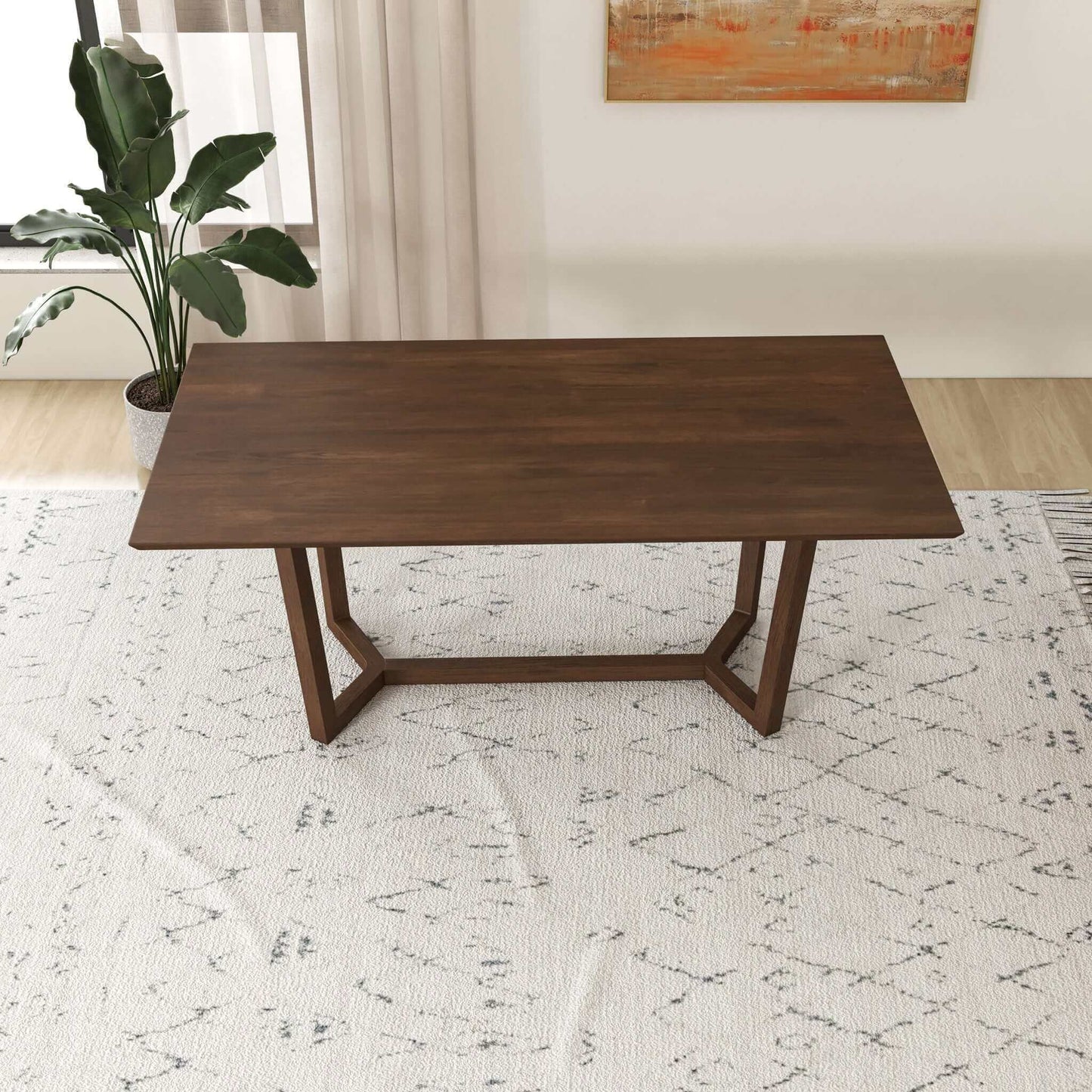 Modern wooden dining table on patterned rug in bright living room, FredCo International furniture