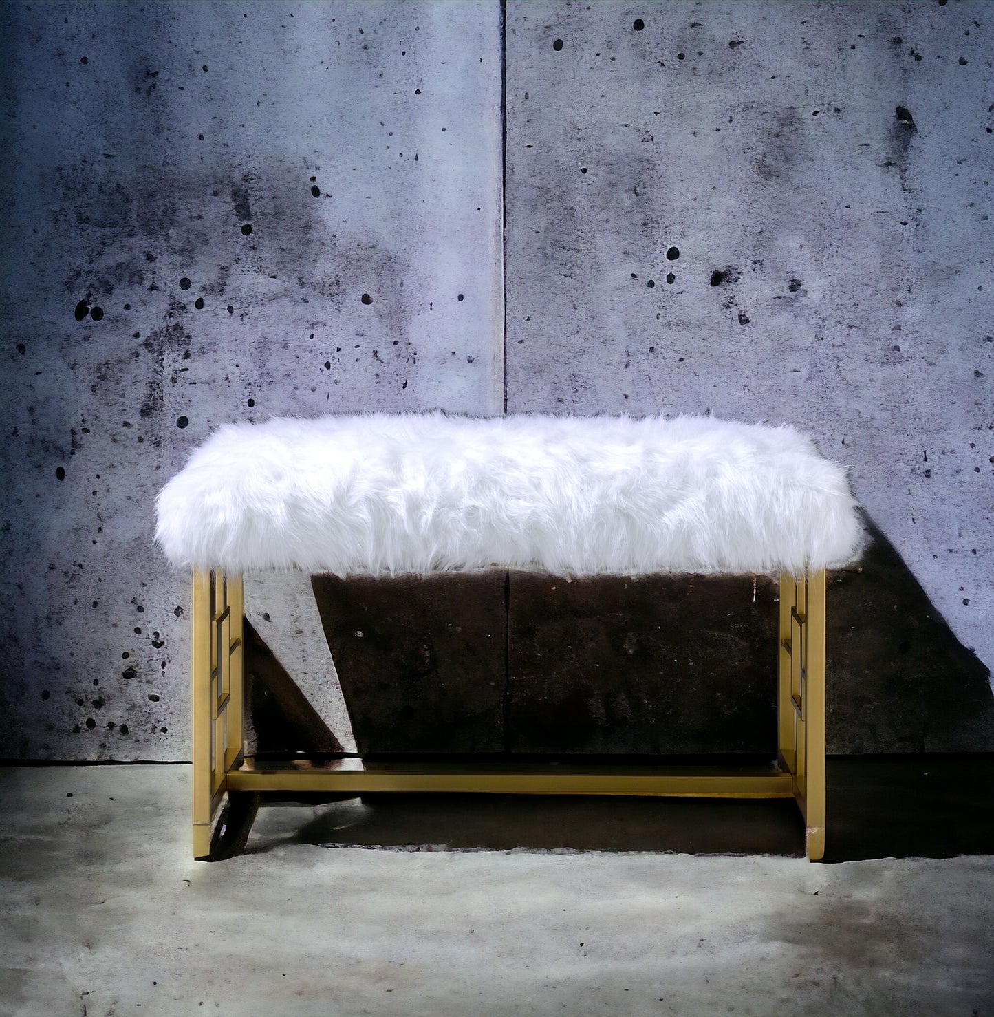 Bagley II White Faux Fur & Gold Finish Bench 2 FredCo
