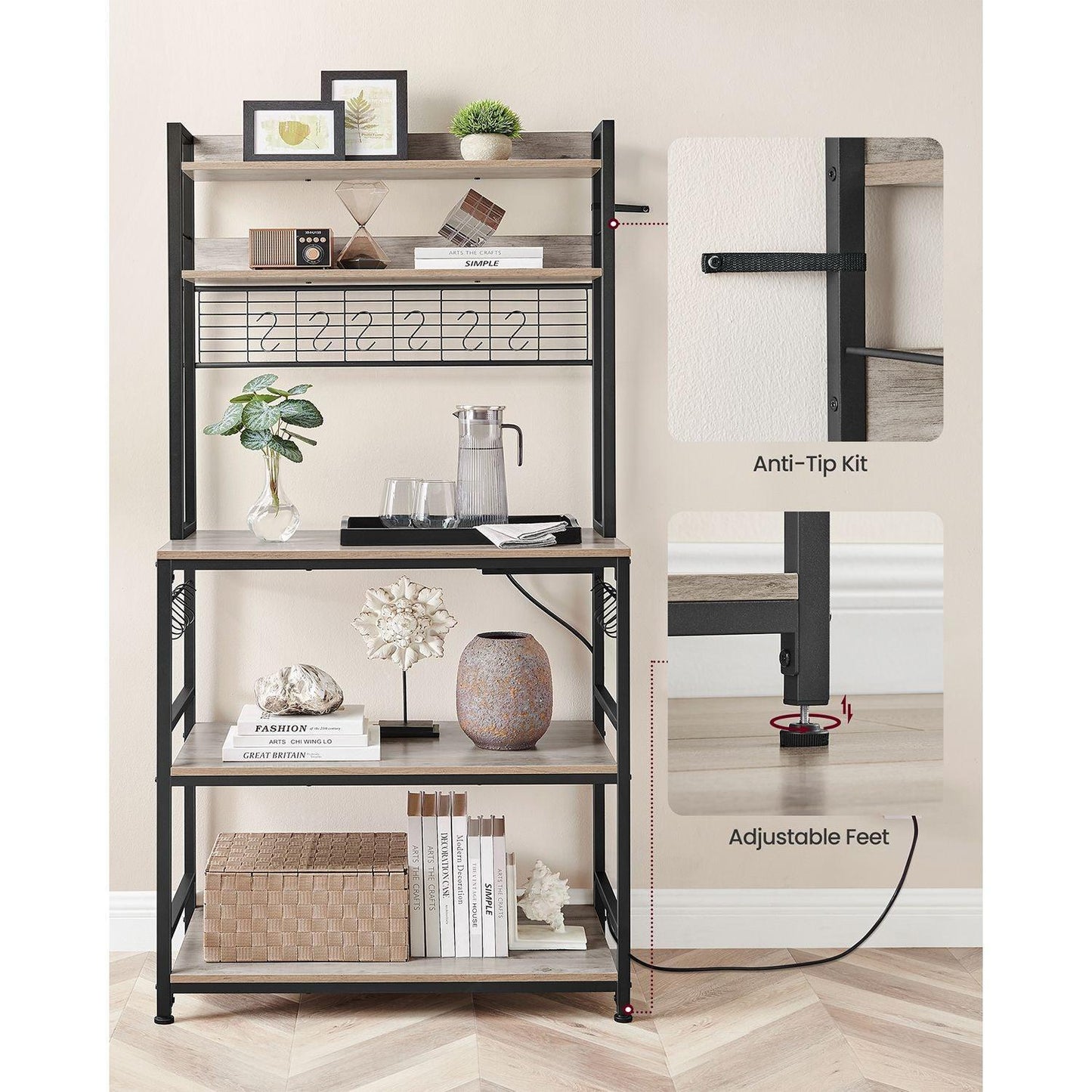 Baker's Rack with Power Outlet Greige and Black FredCo
