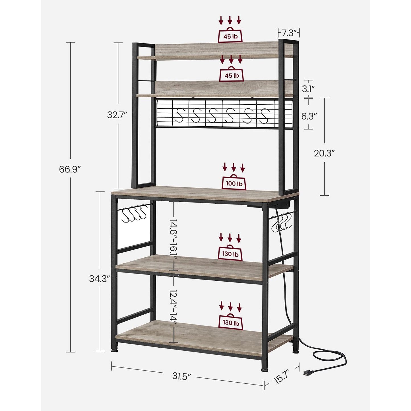 Baker's Rack with Power Outlet Greige and Black FredCo
