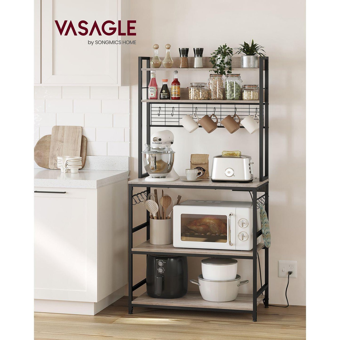 Baker's Rack with Power Outlet Greige and Black FredCo