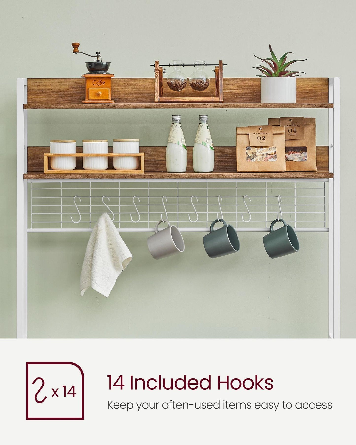 Bakers Rack with 14 Hooks Rustic Walnut and White FredCo