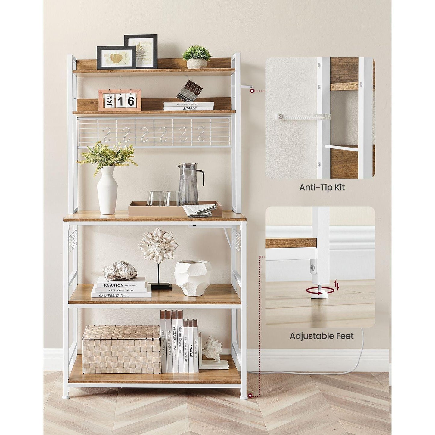 Bakers Rack with Power Outlet Rustic Walnut and White FredCo