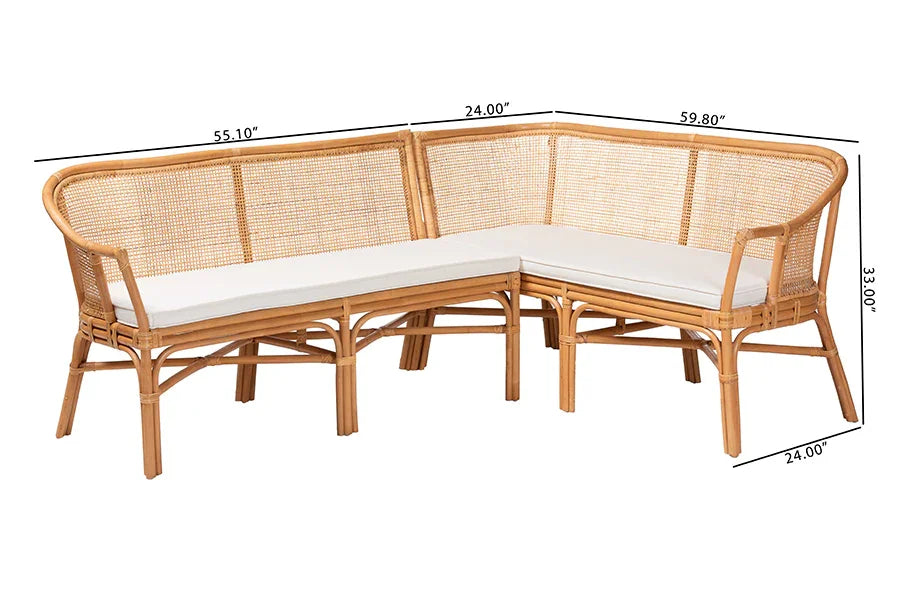 bali & pari Adede 2-Piece Natural Rattan Corner Bench Set - Handwoven Wicker L-Shaped Dining Nook Seating with Cushions, Boho Coastal Style Banquette for Kitchen, Dining or Sunroom FredCo