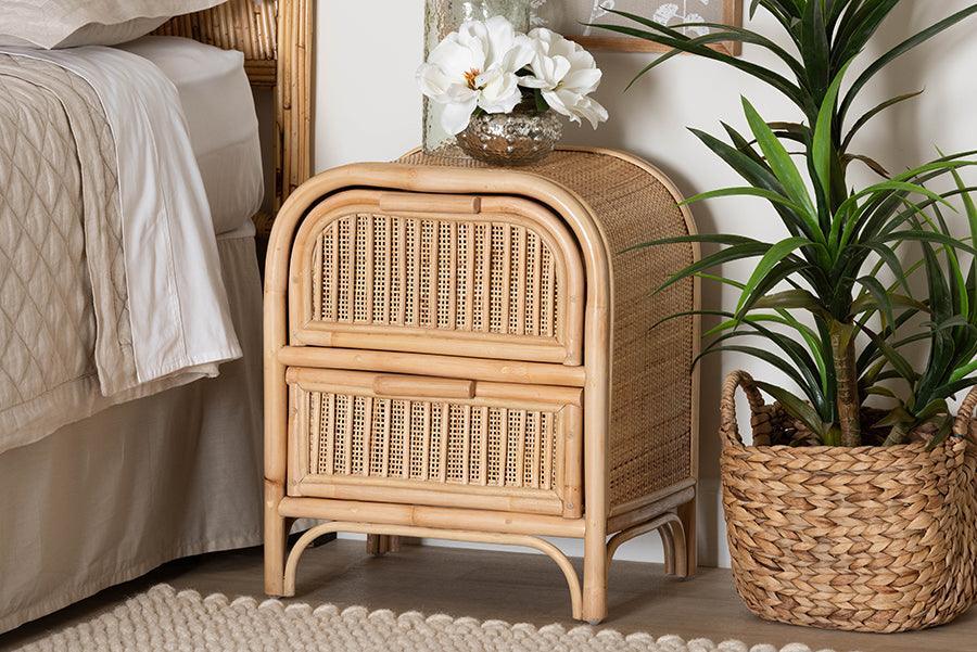 bali & pari Adrika Bohemian Natural Rattan 2-Drawer Nightstand FredCo