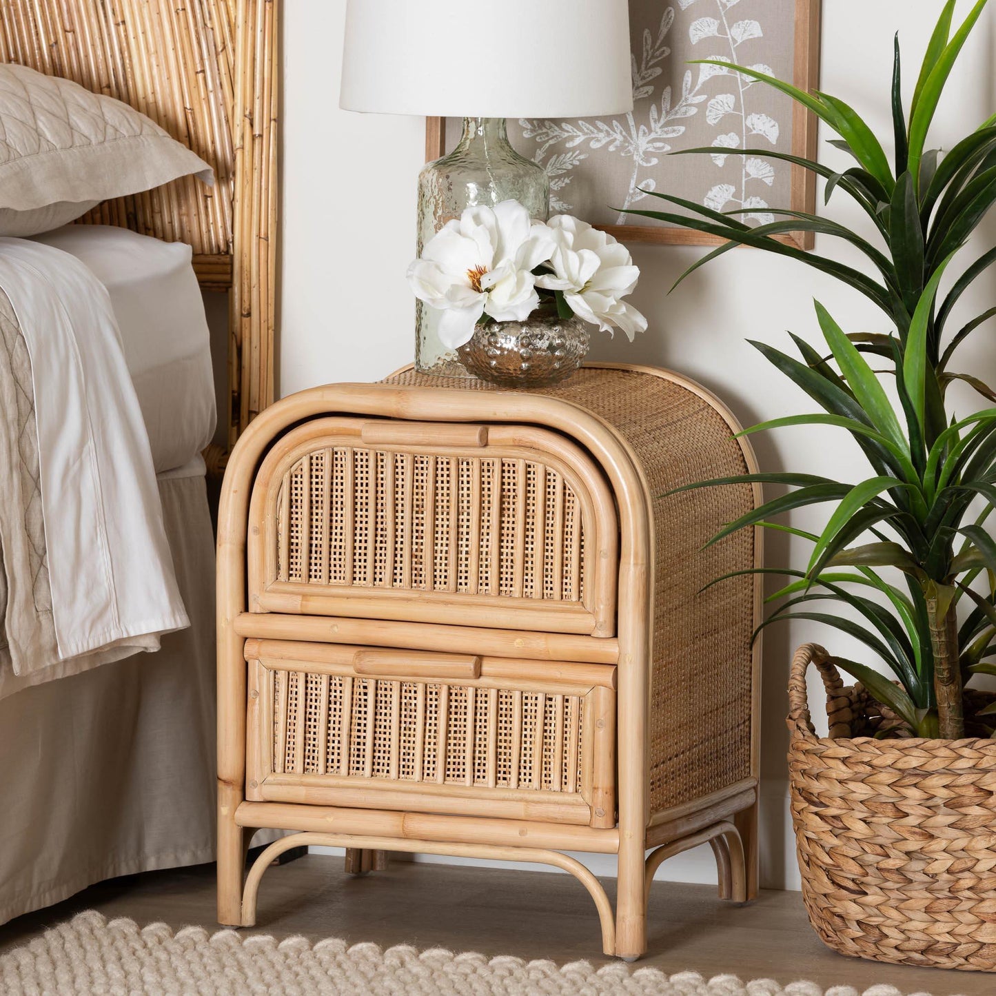 bali & pari Adrika Bohemian Natural Rattan 2-Drawer Nightstand FredCo