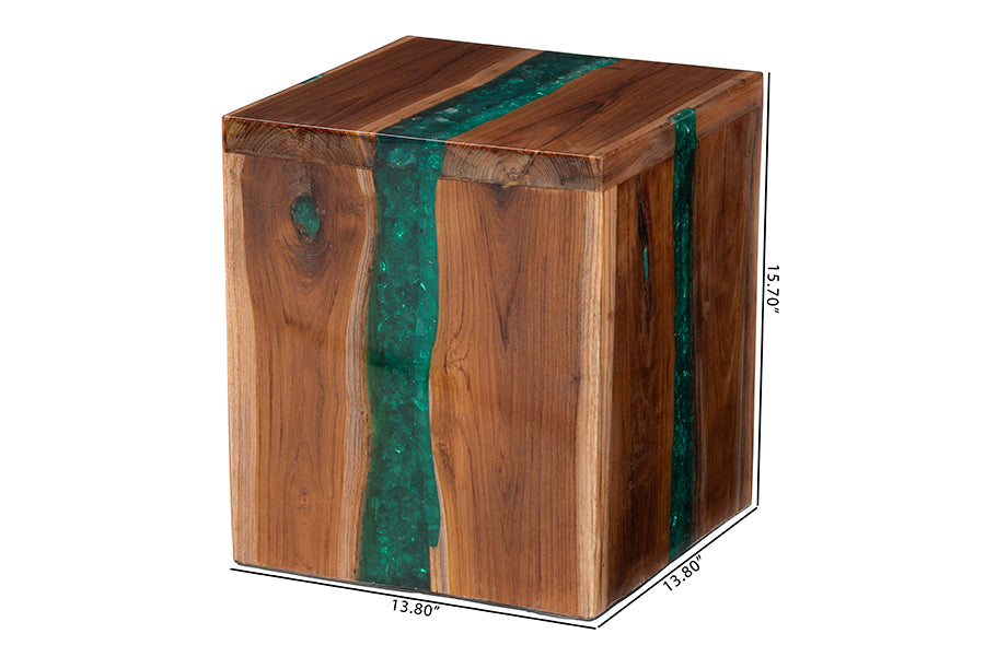 Bali & Pari Anan Cube Live Edge Teak Wood Epoxy Resin End Table – Modern Rustic Handcrafted Side Table FredCo