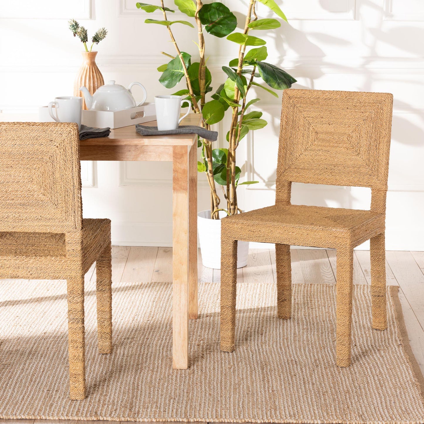 bali & pari Anfield Modern Bohemian Natural Seagrass and Mahogany Wood Dining Chair FredCo