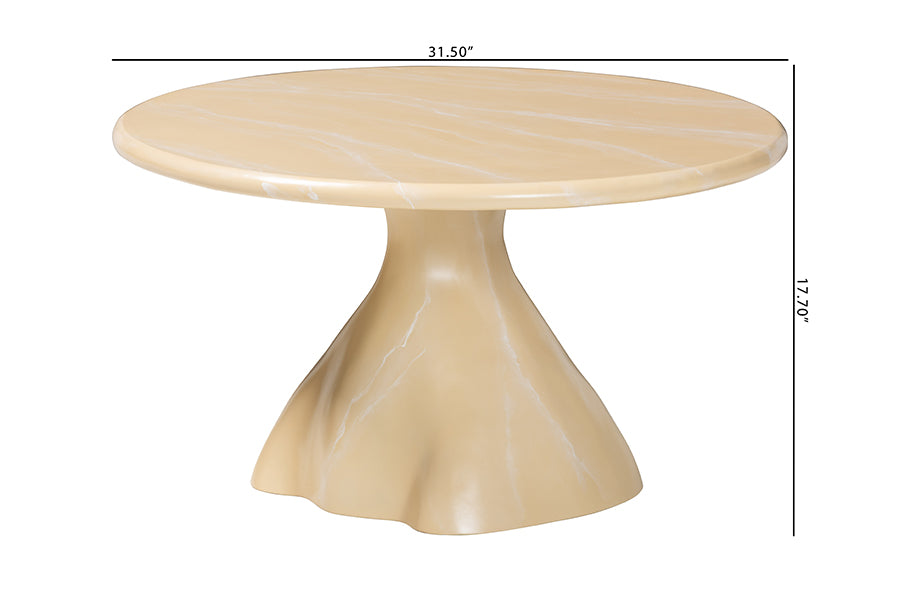 Bali & Pari Aponi Cream Marbled Resin Round Coffee Table – Sculptural Modern Pedestal Base Accent Table FredCo