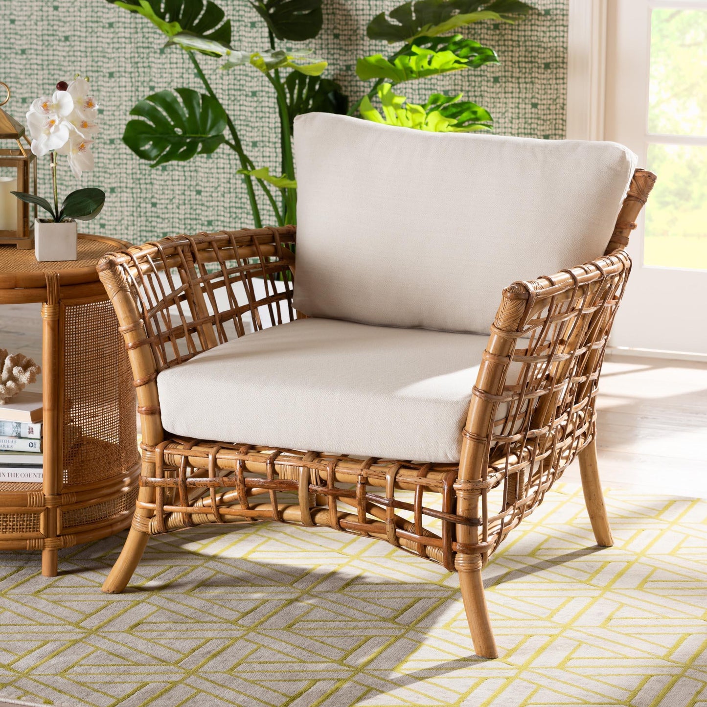 bali & pari Babette Modern Bohemian Natural Brown Rattan Arm Chair FredCo