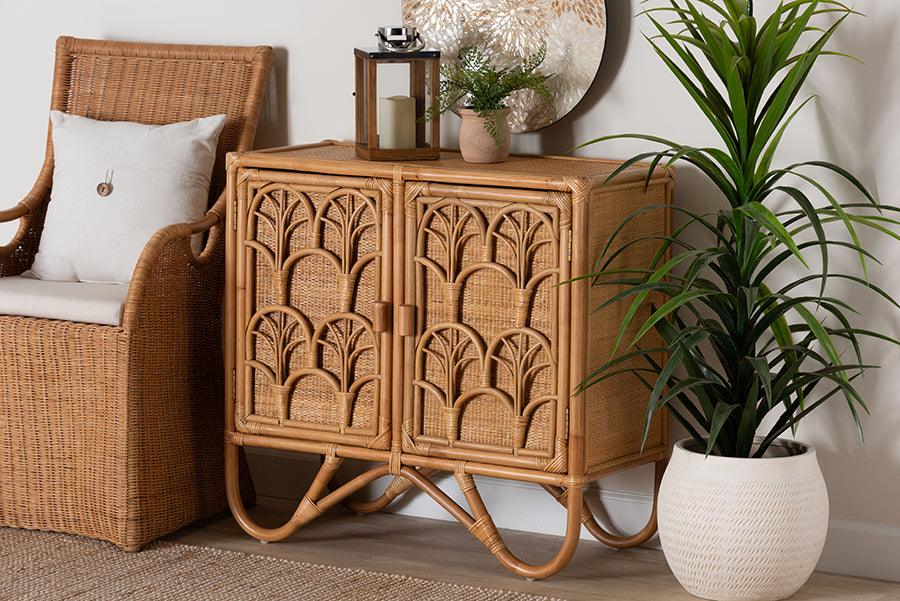 bali & pari Baylor Bohemian Light Honey Rattan Storage Cabinet FredCo